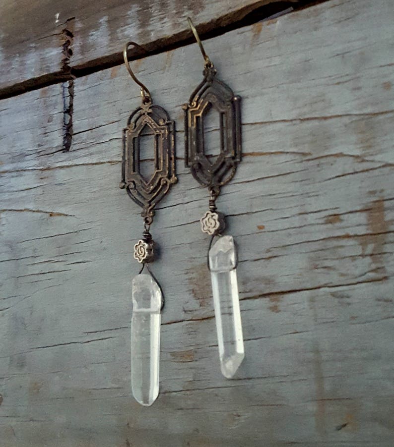 Long Bohemian Crystal Earrings, WINDOW PANE Earrings, Whimsigoth, Real Crystal, Long Dangle, Rustic Jewelry, Boho, Raw Crystal Jewelry image 10