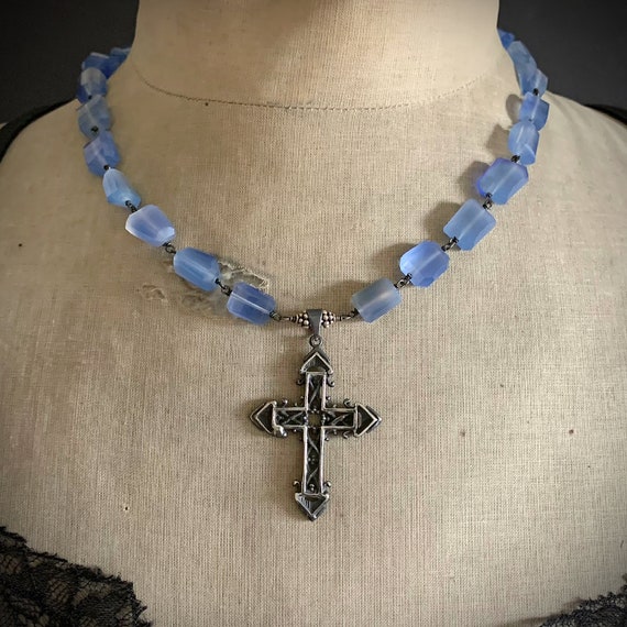 Vintage Medieval Sterling Silver Cross Cobalt Blue Gemstone Necklace
