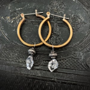 Herkimer Diamond Hoop Earrings, Stone Dangle Hoop, Everyday Earrings, Brass Hoop, Clear Crystal, Raw Crystal, Raw Stone, Gold and Silver image 3