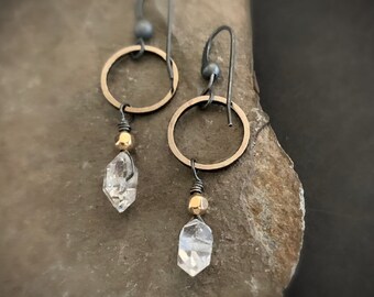 Small Herkimer Diamond Earrings, 14k Gold Filled, Oxidized Silver, Geometric, Minimalist, Circle, Clear Crystal, Dangle Small Stone, ViaLove