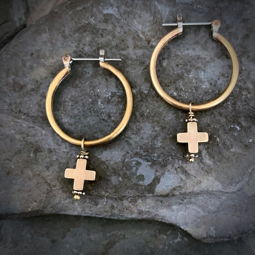 Gold Cross Hoop Earrings, Plus Cross, Brass Earrings, Dangle Cross, Cross Charm Earrings, Gold