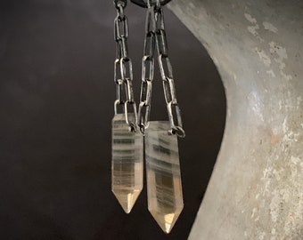 Modern Crystal Earrings, Fluorite Earrings, Sterling Silver Stone, Dangling Crystal Sterling, Edgy Stone Chain Dangle, Industrial Urban