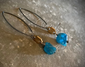 Apatite Blue Stone Earrings, Long Oval Hook, Two Tone, Mixed Metal, Oxidized Silver Brass, Blue Gemstone, Dangle Stone, Minimalist Stone