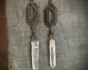 Long Bohemian Crystal Earrings, WINDOW PANE Earrings, Whimsigoth, Real Crystal, Long Dangle, Rustic Jewelry, Boho, Raw Crystal Jewelry