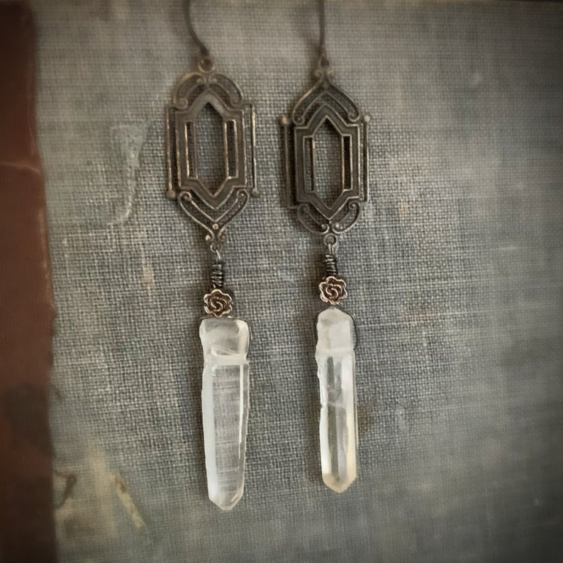 Long Bohemian Crystal Earrings, WINDOW PANE Earrings, Whimsigoth, Real Crystal, Long Dangle, Rustic Jewelry, Boho, Raw Crystal Jewelry image 1