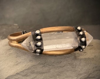 Medieval Crystal Cuff, Large Crystal, Brass Cuff, Quartz Crystal, Big Crystal, Statement Bracelet, Quartz Cuff, Soldered, Oxidized, ViaLove