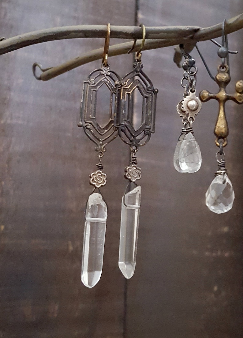 Long Bohemian Crystal Earrings, WINDOW PANE Earrings, Whimsigoth, Real Crystal, Long Dangle, Rustic Jewelry, Boho, Raw Crystal Jewelry image 4