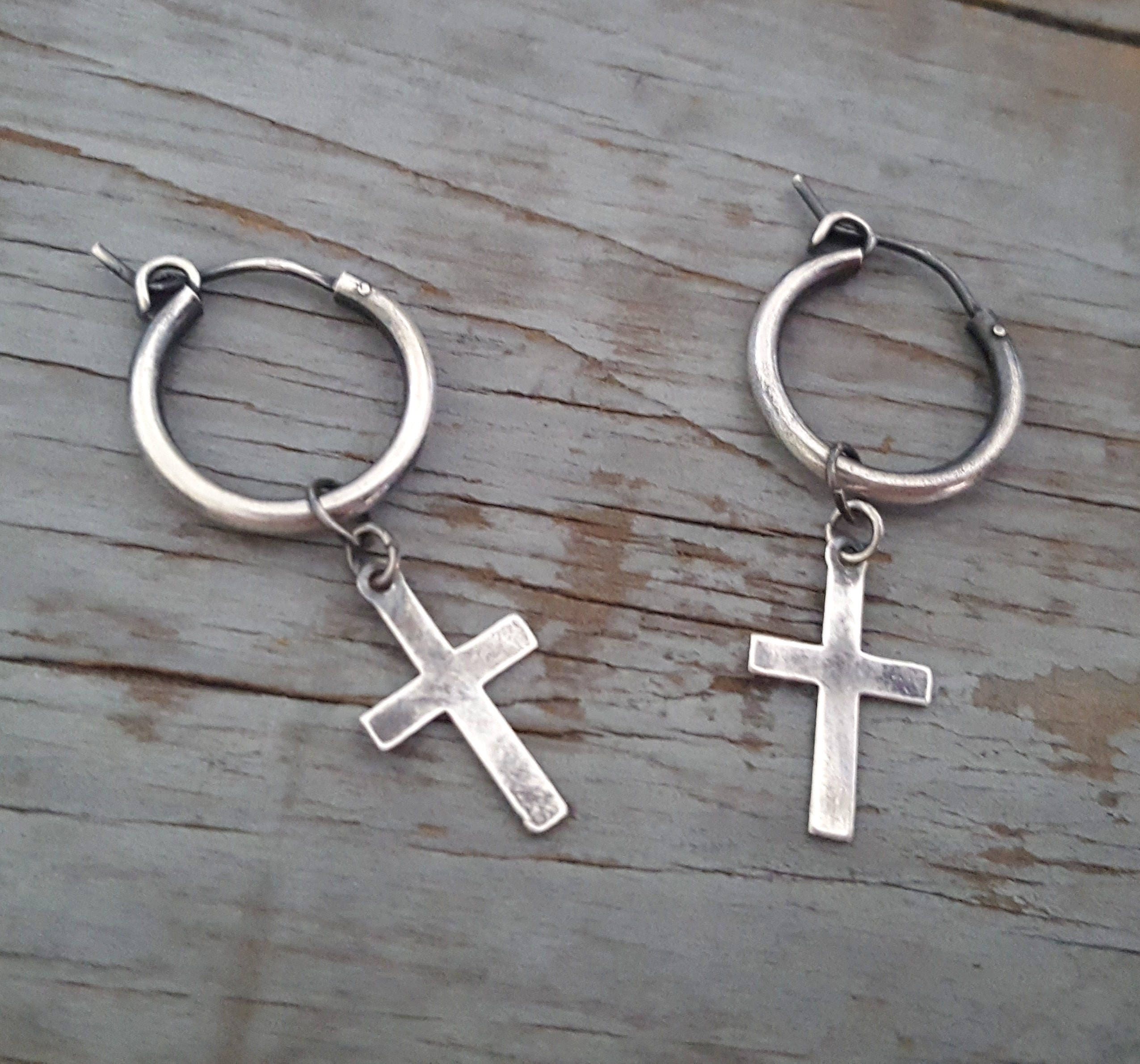 Silver Dangle Cross Small Hoop Earrings .925 STERLING SILVER Etsy