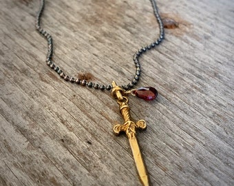 PROTECTED.  Gold Sword Necklace, Spiritual Jewelry, Black Chain, Garnet Necklace, Solid Sterling Silver, Gothic Cross, Dagger Necklace,