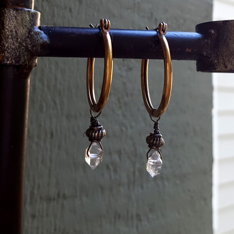 Herkimer Diamond Hoop Earrings, Stone Dangle Hoop, Everyday Earrings, Brass Hoop, Clear Crystal, Raw Crystal, Raw Stone, Gold and Silver image 5