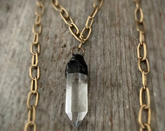 Long Crystal Point Necklace, Sterling Silver, Long Brass Chain, Quartz Stone Pendant, Quartz Crystal, Long Boho Necklace, Edgy, ViaLove