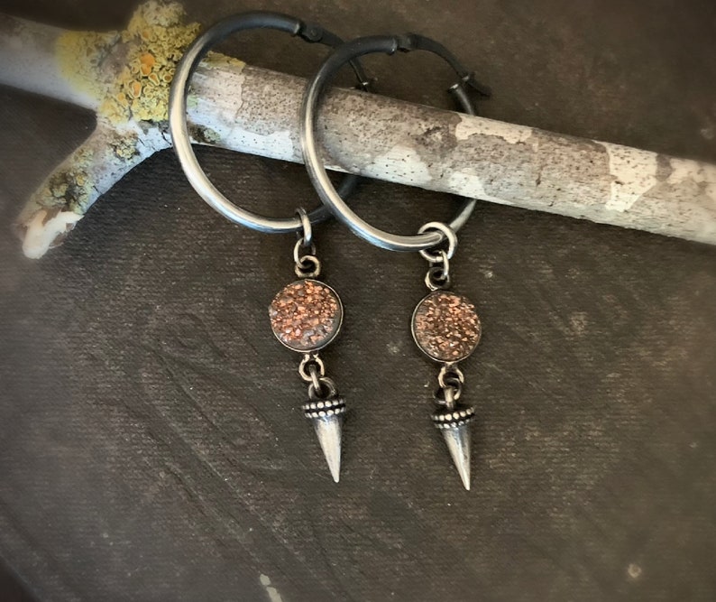 Druzy Stone Hoop Earrings, STERLING SILVER, Copper Druzy Raw Stone, Ombre Hoop, Medium Hoop, Raw Crystal, Dangle Charm Hoop, Edgy, ViaLove image 9