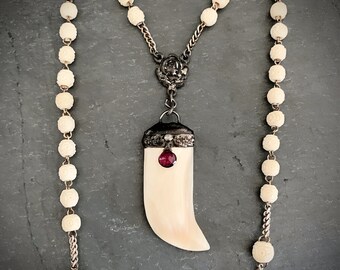 Tusk Rosary Statement Necklace, Antique French Rosary, Rustic, Unique Rosary, Repurposed Rosary, Claw Tusk Pendant, Garnet Pendant, ViaLove