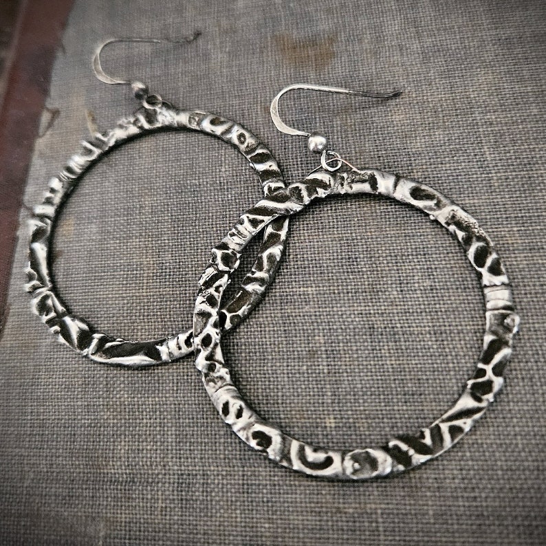 Tribal Hoop Earrings, Oxidized Silver, Lightweight Hoop, Artisan Made, Edgy Hoop Silver, Etched silver, Unique Hoop, Antique Silver, ViaLove image 10