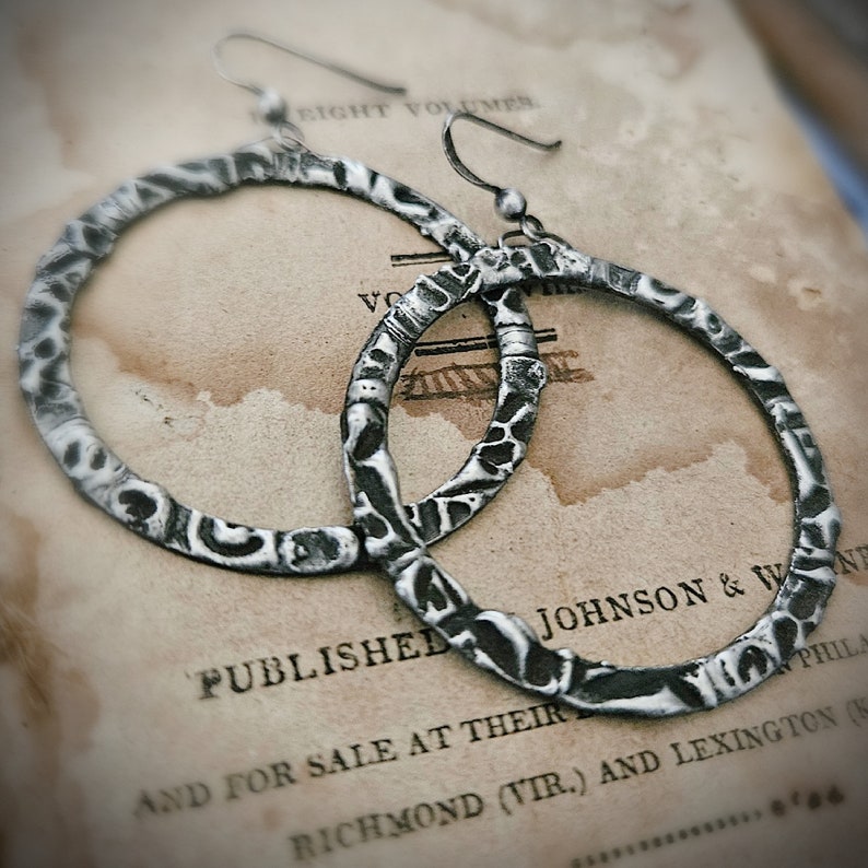 Tribal Hoop Earrings, Oxidized Silver, Lightweight Hoop, Artisan Made, Edgy Hoop Silver, Etched silver, Unique Hoop, Antique Silver, ViaLove image 5