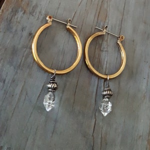 Herkimer Diamond Hoop Earrings, Stone Dangle Hoop, Everyday Earrings, Brass Hoop, Clear Crystal, Raw Crystal, Raw Stone, Gold and Silver image 2