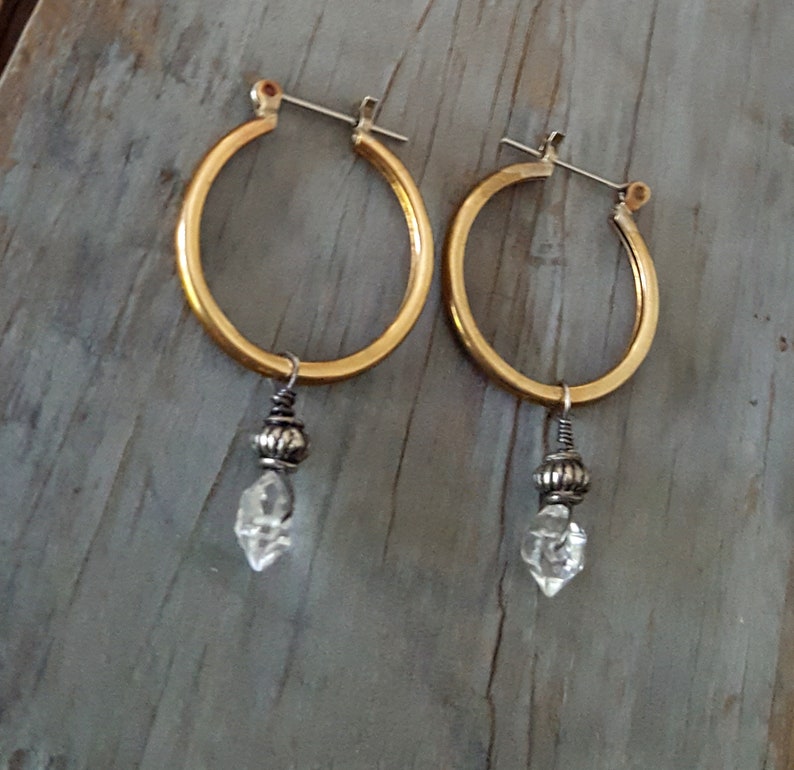 Herkimer Diamond Hoop Earrings, Stone Dangle Hoop, Everyday Earrings, Brass Hoop, Clear Crystal, Raw Crystal, Raw Stone, Gold and Silver image 2