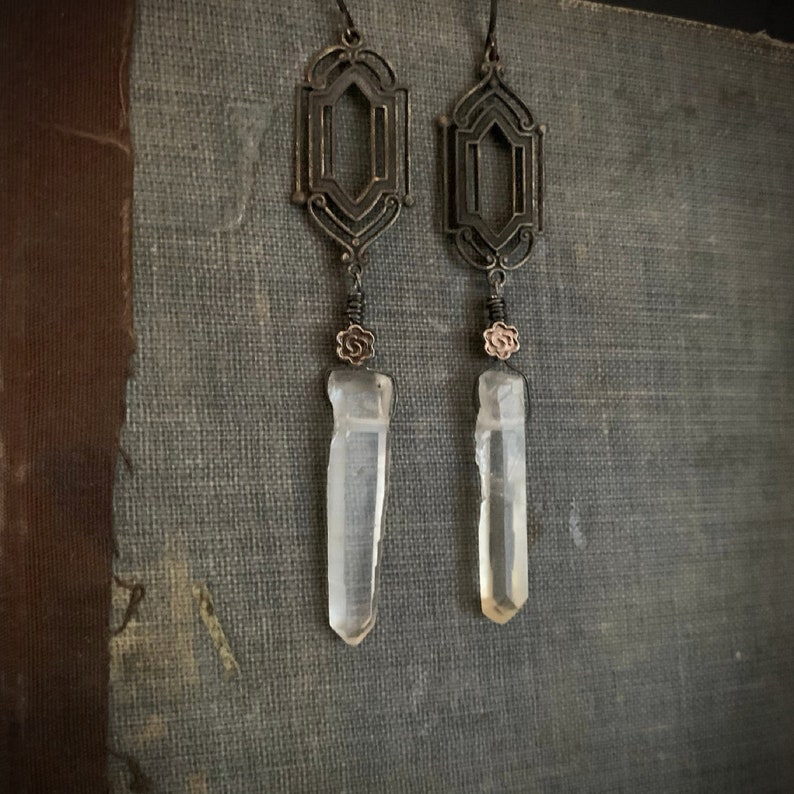 Long Bohemian Crystal Earrings, WINDOW PANE Earrings, Whimsigoth, Real Crystal, Long Dangle, Rustic Jewelry, Boho, Raw Crystal Jewelry image 3