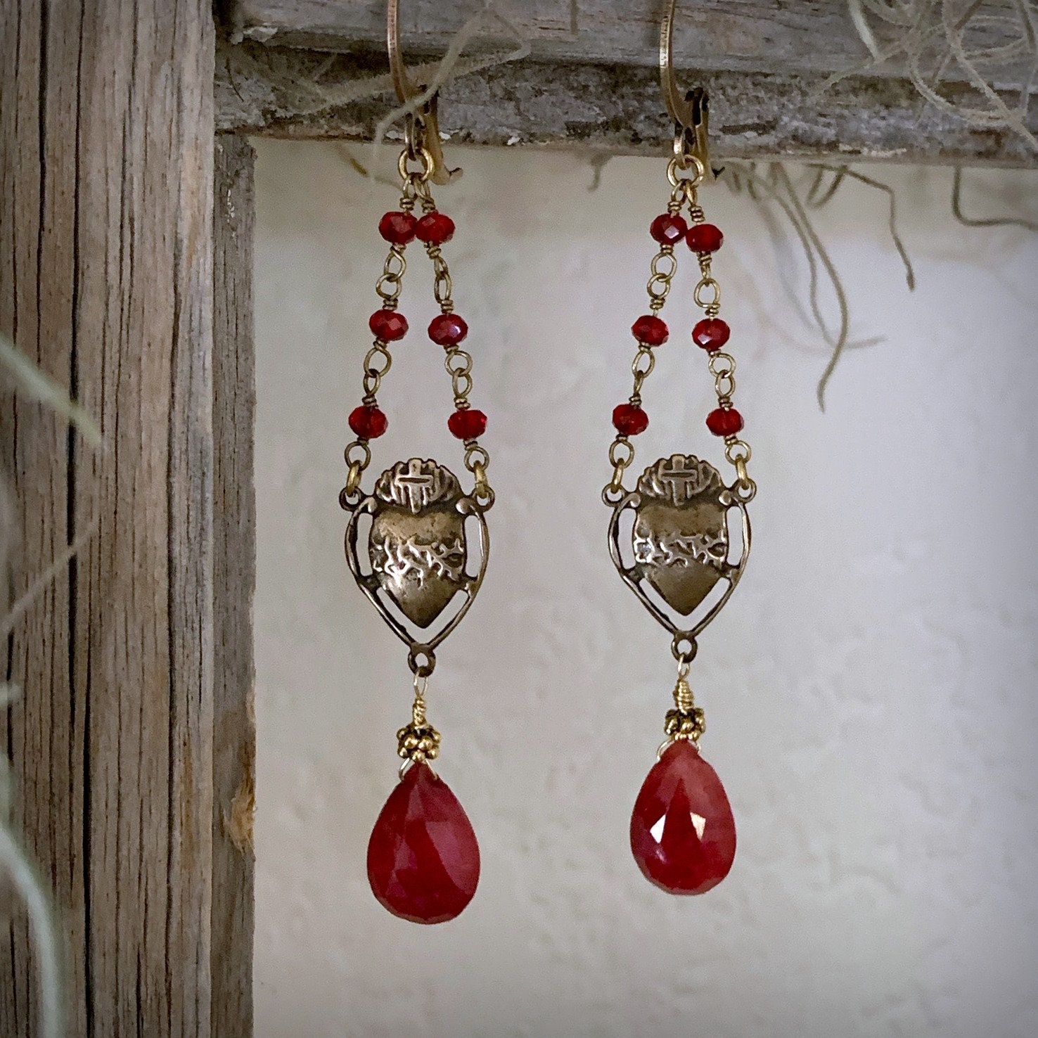 Sacred Heart RUBY Gemstone Earrings, Modern Vintage Jewelry, SOLID ...