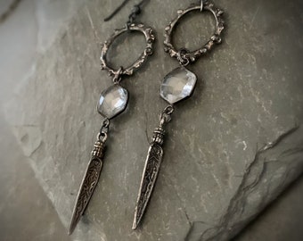 Long Crystal Spike Earrings, Oxidized Silver Crystal, Goth Jewelry, Crystal Stone, Long Dagger, Quartz, Oxidized Sterling Silver, ViaLove