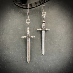 Silver Sword Dagger Earrings, STERLING SILVER LEVERBACK, Large Sword Cross, Goth Earrings, Medieval Jewelry, Big Sword, ViaLove image 1