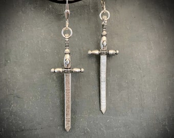 Silver Sword Dagger Earrings, STERLING SILVER LEVERBACK, Large Sword Cross, Goth Earrings, Medieval Jewelry, Big Sword, ViaLove
