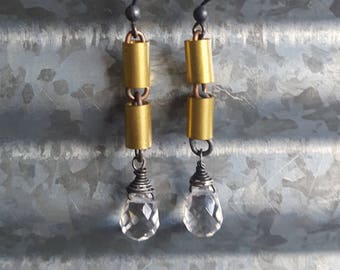 Urban Crystal Earrings, Quartz Crystal, Steampunk Gemstone, Dangle Crystal, Unique, Industrial, Edgy, Brass Earrings, Long Dangle, ViaLove