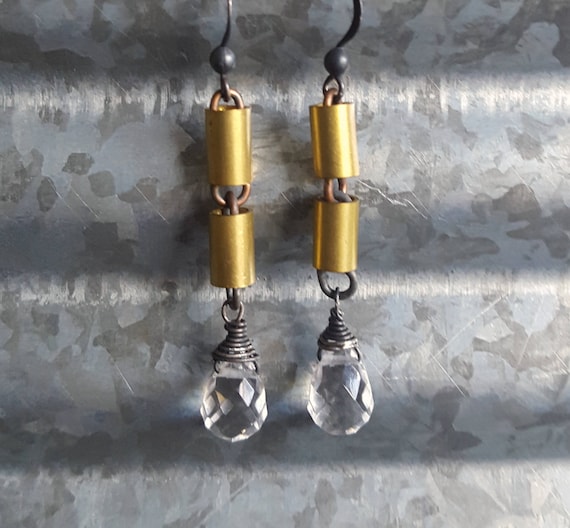 Urban Crystal Earrings, Quartz Crystal, Steampunk Gemstone, Dangle Earrings, Industrial, Edgy, Brass Earrings, Long Dangle, ViaLove