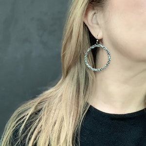 Tribal Hoop Earrings, Oxidized Silver, Lightweight Hoop, Artisan Made, Edgy Hoop Silver, Etched silver, Unique Hoop, Antique Silver, ViaLove image 3