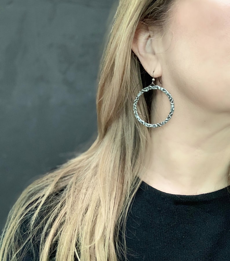 Tribal Hoop Earrings, Oxidized Silver, Lightweight Hoop, Artisan Made, Edgy Hoop Silver, Etched silver, Unique Hoop, Antique Silver, ViaLove image 3