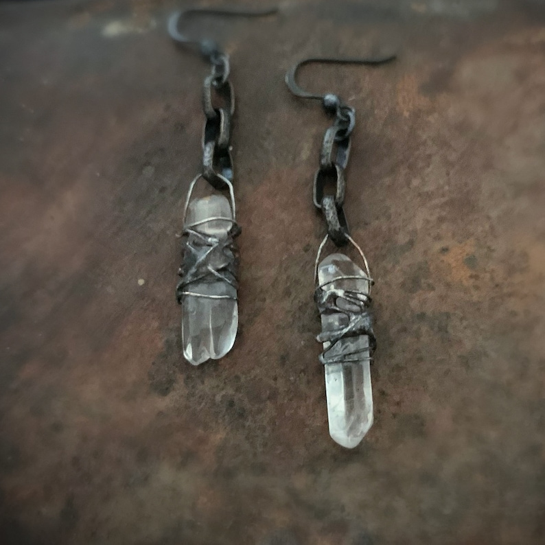 Rustic Raw Crystal Earrings, Crystal Statement Earrings, Real Crystal, Crystal Point, Raw Quartz, Boho Long Crystal, Quartz Crystal, ViaLove image 7