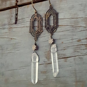 Long Bohemian Crystal Earrings, WINDOW PANE Earrings, Whimsigoth, Real Crystal, Long Dangle, Rustic Jewelry, Boho, Raw Crystal Jewelry image 2