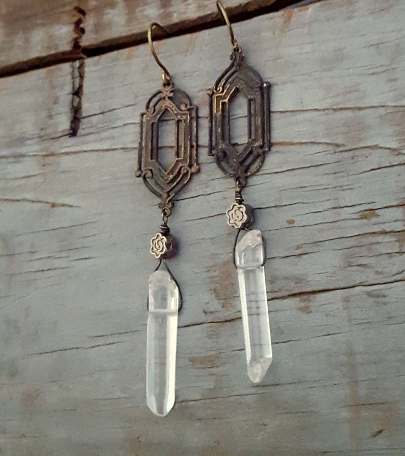 Long Bohemian Crystal Earrings, WINDOW PANE Earrings, Whimsigoth, Real Crystal, Long Dangle, Rustic Jewelry, Boho, Raw Crystal Jewelry image 2