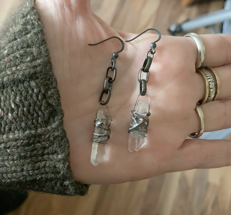 Rustic Raw Crystal Earrings, Crystal Statement Earrings, Real Crystal, Crystal Point, Raw Quartz, Boho Long Crystal, Quartz Crystal, ViaLove image 9