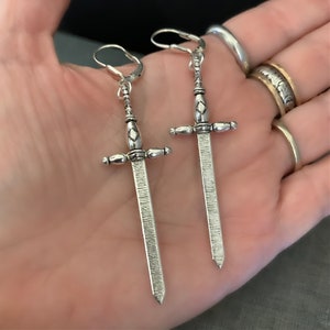 Silver Sword Dagger Earrings, STERLING SILVER LEVERBACK, Large Sword Cross, Goth Earrings, Medieval Jewelry, Big Sword, ViaLove image 9