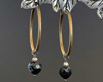 Black Heart Earrings, Gold Brass Hoop, Dangle Hoop, Drop Stone, Gothic, Dangle Stone, Gemstone Hoop, Heart Jewelry, Brass Jewelry, ViaLove