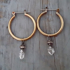 Herkimer Diamond Hoop Earrings, Stone Dangle Hoop, Everyday Earrings, Brass Hoop, Clear Crystal, Raw Crystal, Raw Stone, Gold and Silver image 8