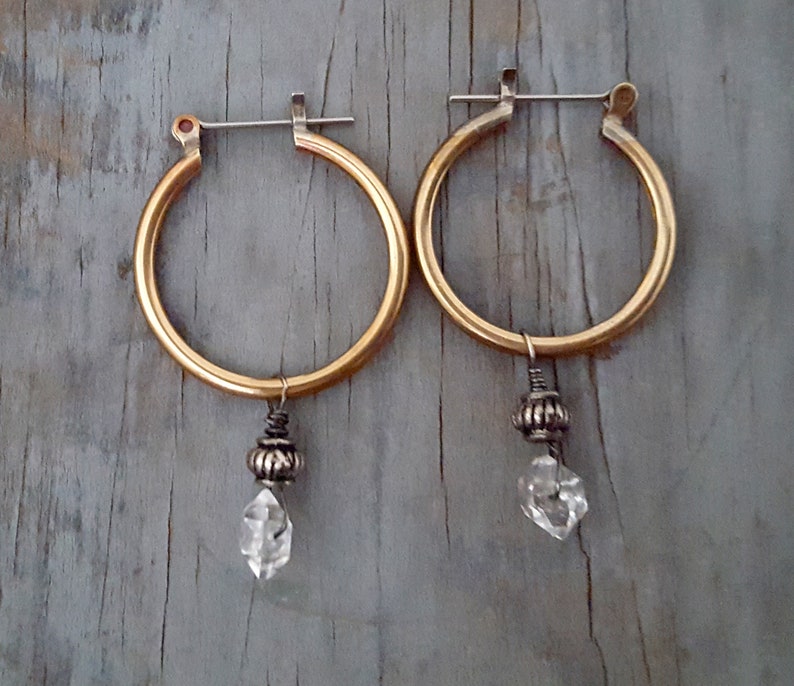 Herkimer Diamond Hoop Earrings, Stone Dangle Hoop, Everyday Earrings, Brass Hoop, Clear Crystal, Raw Crystal, Raw Stone, Gold and Silver image 8