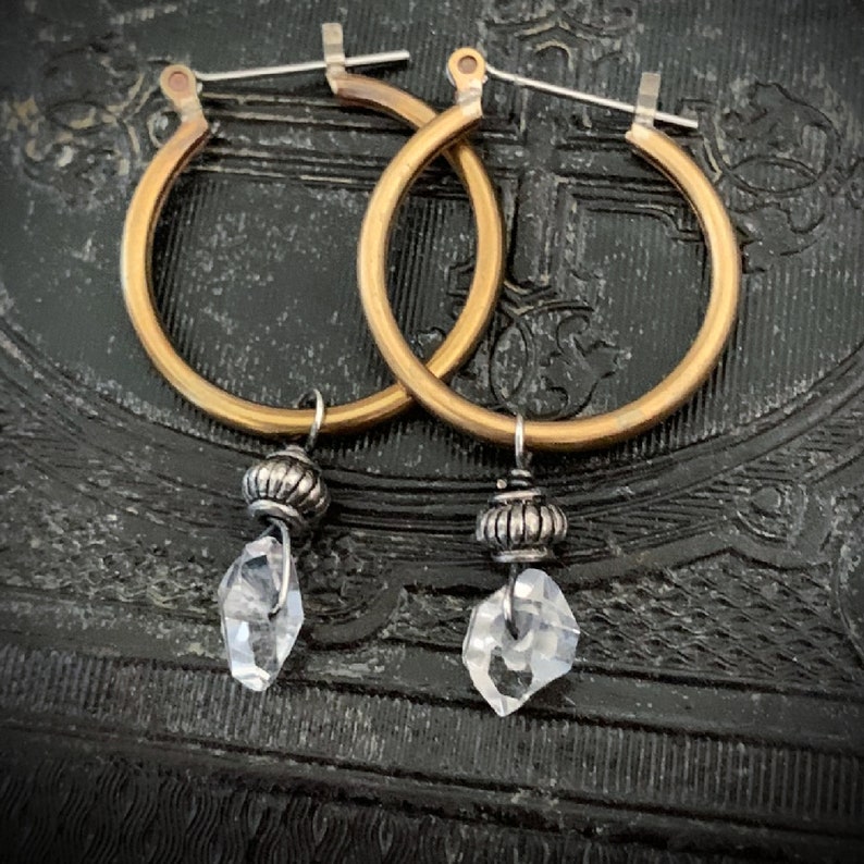 Herkimer Diamond Hoop Earrings, Stone Dangle Hoop, Everyday Earrings, Brass Hoop, Clear Crystal, Raw Crystal, Raw Stone, Gold and Silver image 10