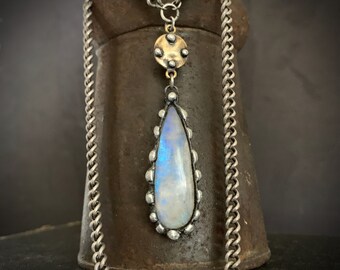 Moonstone Pendant Necklace, Rainbow Moonstone, Statement, Rainbow Stone, Silver Chain, Artisan Made, Soldered Stone, Unique Pendant, ViaLove