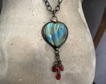 Heart Pendant Necklace, STERLING SILVER Chain, LABRADORITE Pendant, Heart Stone, Boho Necklace, Handmade, Heart Gemstone, Garnet, ViaLove