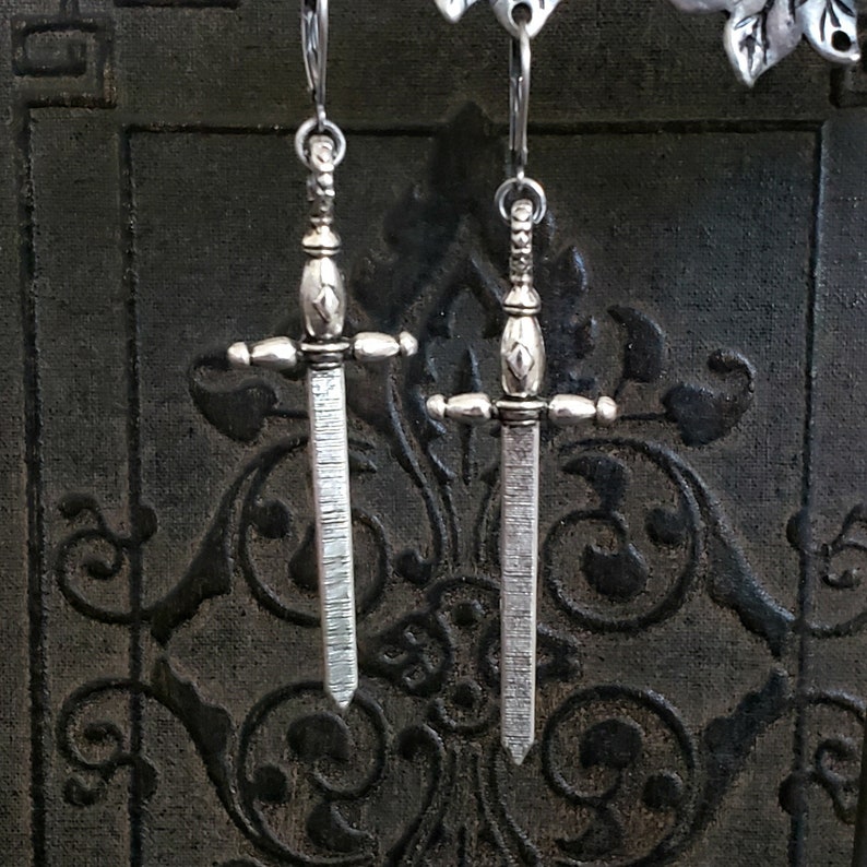 Silver Sword Dagger Earrings, STERLING SILVER LEVERBACK, Large Sword Cross, Goth Earrings, Medieval Jewelry, Big Sword, ViaLove image 4