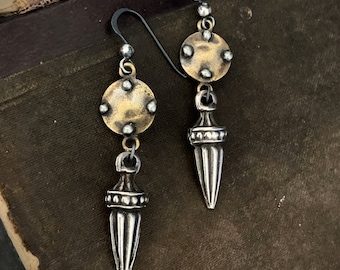 Mixed Metal Dangle Earrings, Silver Spike, Bronze and Sterling Silver, Tribal Style, Everyday Earring, Boho Spike, Versatile, ViaLove