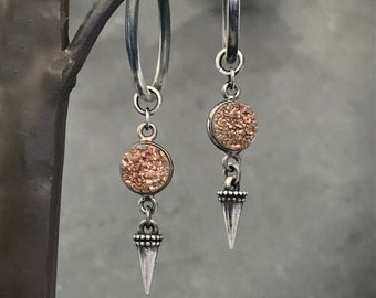 Druzy Stone Hoop Earrings, STERLING SILVER, Copper Druzy Raw Stone, Ombre Hoop, Medium Hoop, Raw Crystal, Dangle Charm Hoop, Edgy, ViaLove