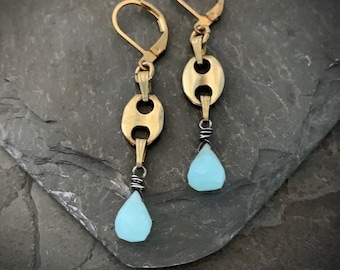 Peruvian Opal Earrings, Light Blue Opal Gemstone, Gold Brass, Dangle Opal Stone, Modern Stone Jewelry, Stone Dangle, ViaLove