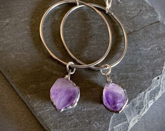 Raw Amethyst Hoop Earrings, Rough Stone, Raw Stone, Raw Crystal, Purple Crystal, Silver Hoop Stone, Dangle Stone, Boho Stone Earring,ViaLove