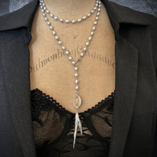 Biwa Pearl Necklace, Pearl Claw, Statement Necklace, Long Beaded, Wrap Around, Long Silver Bead, Religious Medal, Artisan Jewelry, ViaLove