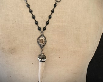 Long Natural Antler Necklace, Long Black Chain, Medieval, Vintage Religious Medal, Antler Horn, Long Pendant Necklace, Boho Edgy, ViaLove