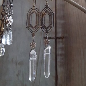 Long Bohemian Crystal Earrings, WINDOW PANE Earrings, Whimsigoth, Real Crystal, Long Dangle, Rustic Jewelry, Boho, Raw Crystal Jewelry image 7