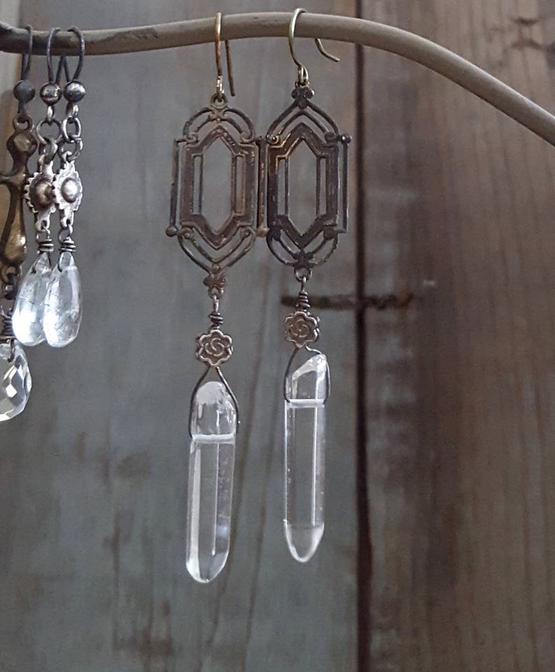 Long Bohemian Crystal Earrings, WINDOW PANE Earrings, Whimsigoth, Real Crystal, Long Dangle, Rustic Jewelry, Boho, Raw Crystal Jewelry image 7